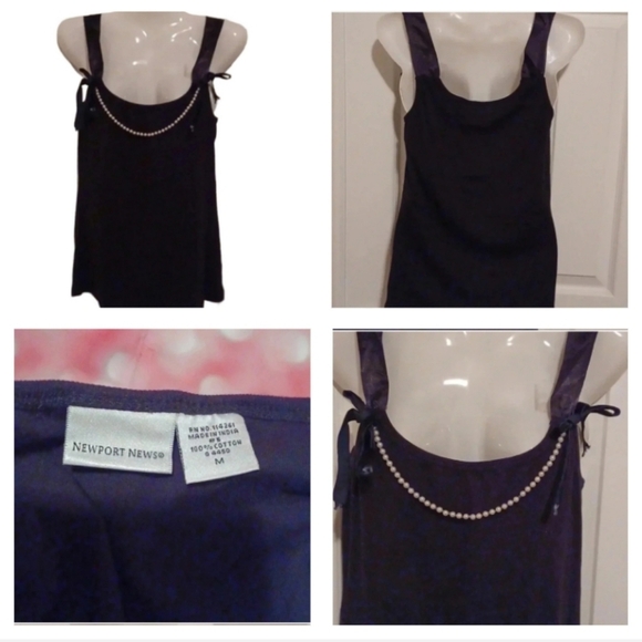🍭🏍Black cotton camisole with faux pearls and ribbons - Picture 1 of 8